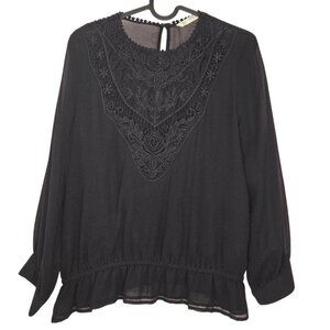 Zara Black Floral Embroidery Lace Sheer Blouse, size M